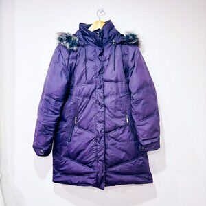 SNAP Plum Down Puffer Coat Faux Fur Hood Warm Winter Jacket | X-Large *